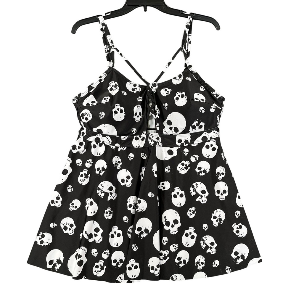 Skull Print Swim Dress Womens 3XL Black White Lace Up Padded Plus